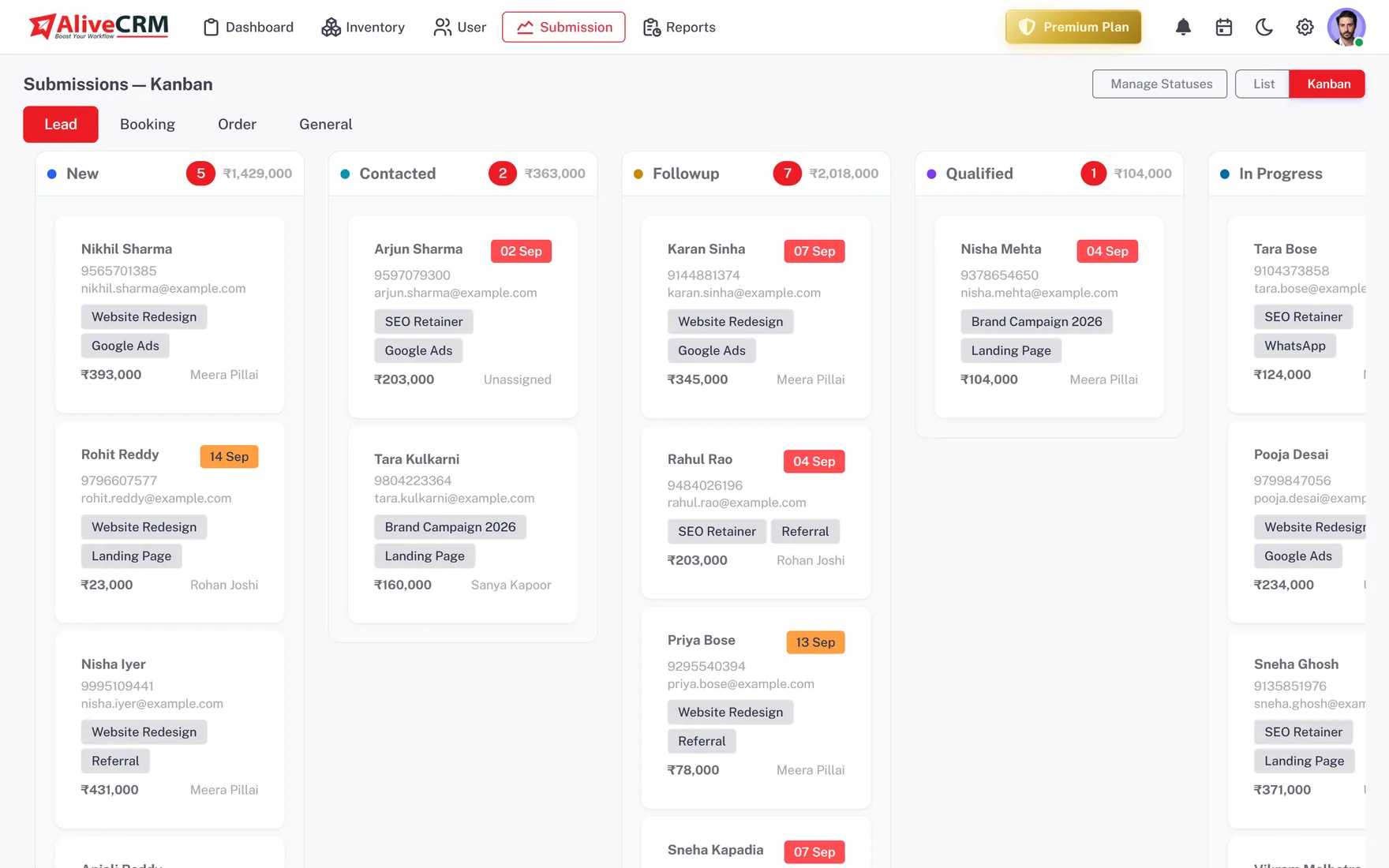 Alive CRM kanban pipeline with leads grouped by New, Contacted, Followup, Qualified and In Progress