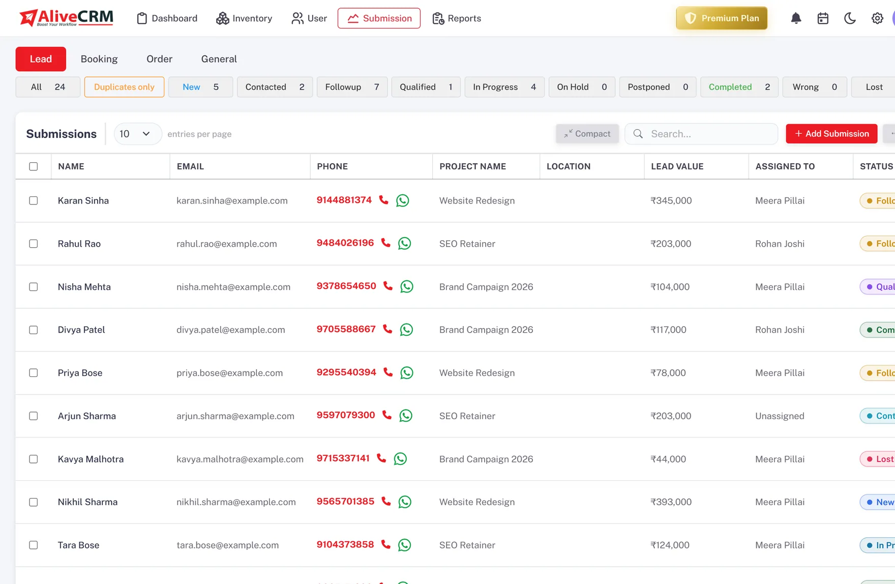 Alive CRM leads list with status filters, assigned owner, phone and WhatsApp actions